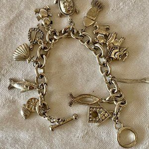Charm Bracelet with Teddy Bears, Animals and Heart - Silvertone - Unmarked